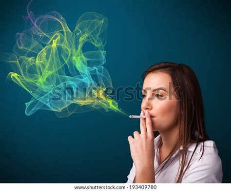 Pretty Young Lady Smoking Cigarette Colorful Stock Photo 193409780