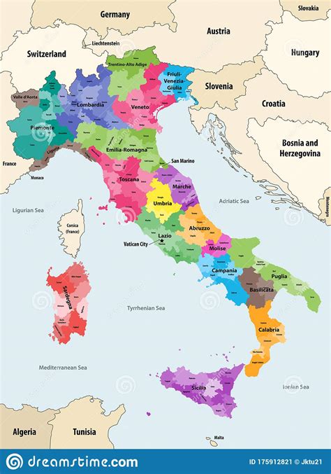 Italy Provinces Colored By Regions Vector Map Stock Vector