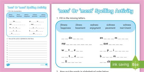Adding Ness And Ment Spelling Activity Twinkl