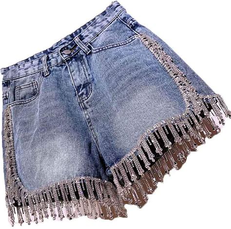 Rhinestone Fringe High Waist Denim Shorts Womens Diamond Tassel Short