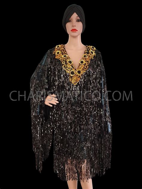 Charismatico Black Sequin Fringe Drag Queen Dress With Gold Floral