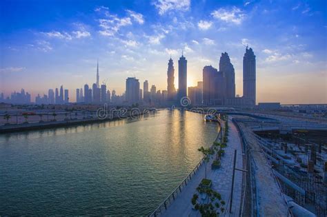 Sunset Scene At Dubai City Skyline United Arab Emirates Editorial