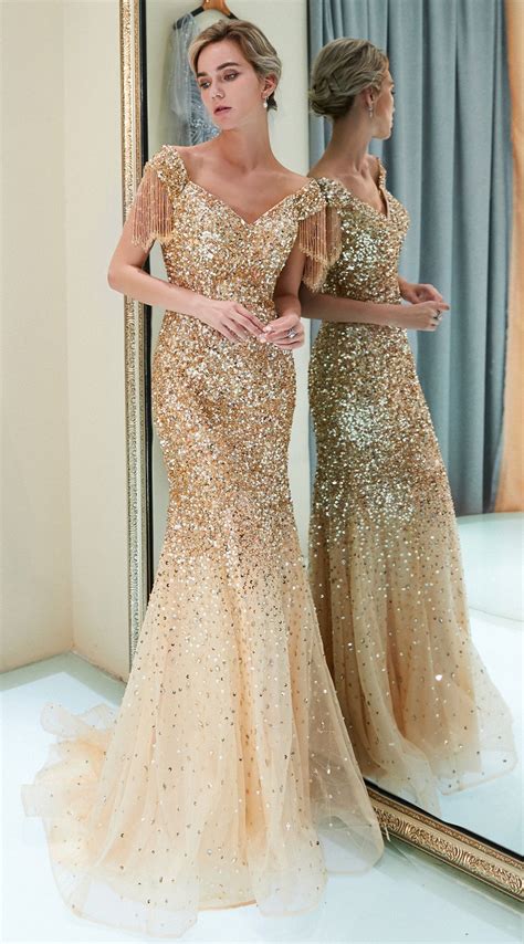 Sequins Cap Sleeves Mermaid Gold Formal Evening Dress Gold Evening Dresses Evening Gowns