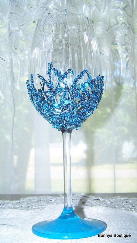 Beaded Wine Glass In Shades Of Aqua And Blues By Bonnysboutique Decorated Wine Glasses Hand