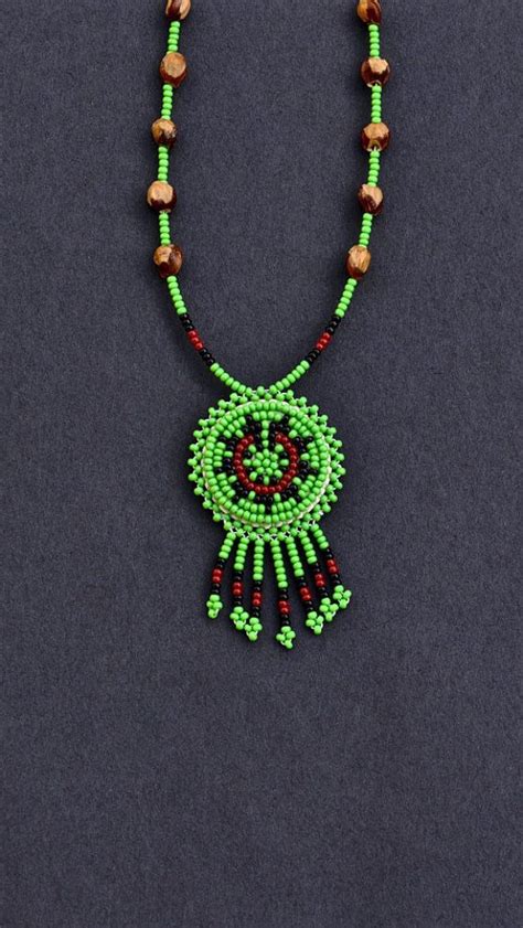 Vintage Native American Bead Necklace Star Medallion Green Native