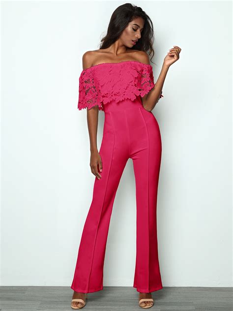 Sexy Lace Ruffled Off Shoulder Slinky Wide Leg Jumpsuit Online