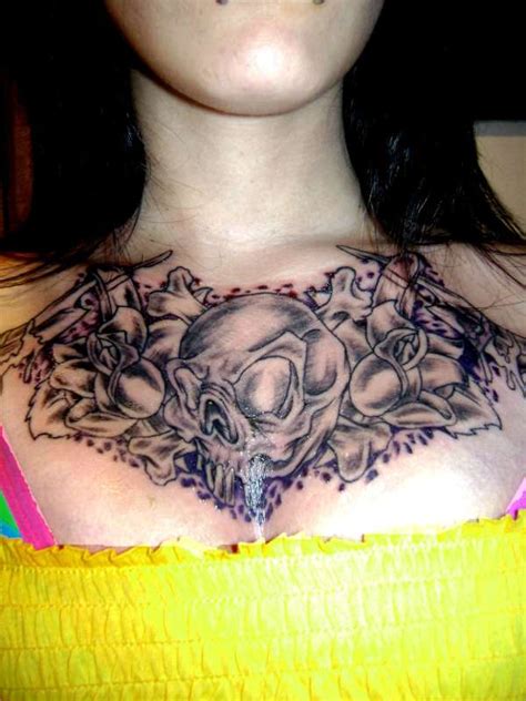 Gothic Skull And Flowers Chest Tattoo Design Ideas For Women Girls