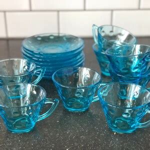 1960s Hazel Atlas Capri Dot Skol Tea Cups Saucers Azure Blue