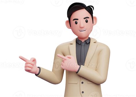 Man In Brown Suit Pointing Side With Both Index Fingers 3d