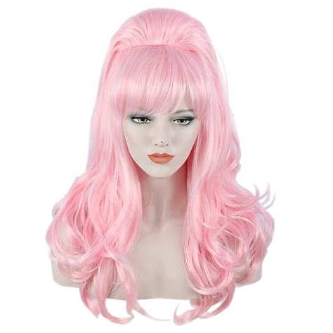 Long Wavy Pink Wig Big Bouffant Beehive Wigs For Women Fits 50s 80s