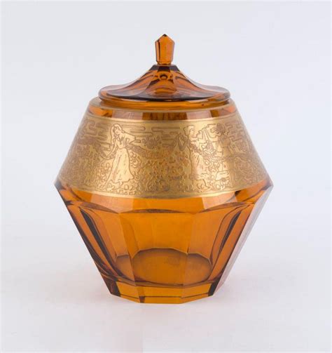 Moser Citrine Glass Jar With Gilt Frieze European Glass