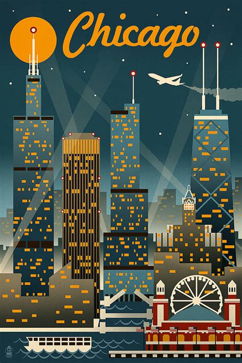 Chicago Illinois Retro Skyline Art Prints Available In Chicago Poster