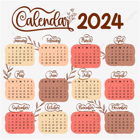 календарь 2024 года в винтажном и цветочном стиле вектор Png