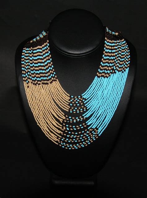 Tribal Beaded Waterfall Necklace Turquoiseblue Beige Chocolate Colors