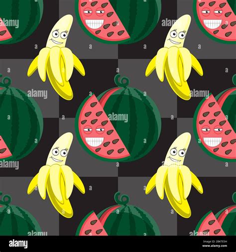 Seamless Pattern Cartoon Characters Banana Watermelon On A Checkered