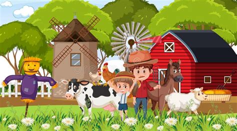 Farm Scene With Many Kids Cartoon Character And Farm Animals Stock