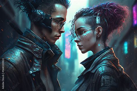 ภาพประกอบสต็อก Cyberpunk Character Art Couple In Cyberpunk City Man And Woman In Cyberpunk
