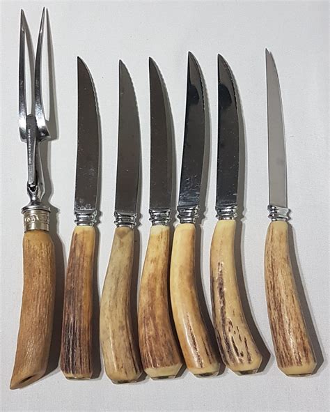 Vintage Genuine Stag Handle Antler Handle Steak Knife Set Meat Fork