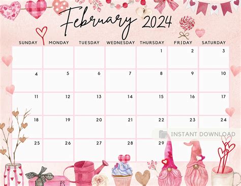 February Calendar Lovely Sweet Love Gnome Cute Hearts Printable Fillable Editable