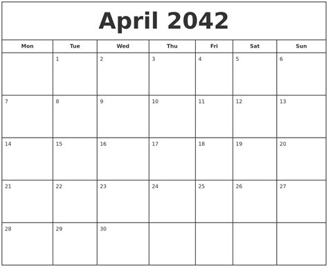 April 2042 Print Free Calendar