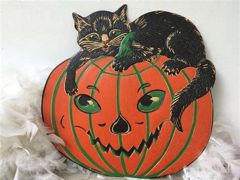 Vintage Embossed Pumpkin Die Cut With Black Cat Vintage Halloween