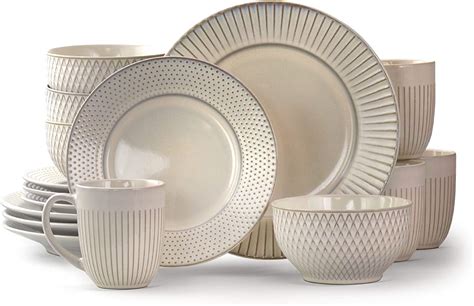 Elama Contemporary Round Embossed Stoneware Dinnerware Dish Set 16