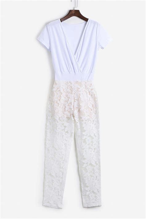 [41 Off] 2021 Trendy See Through Lace Spliced Plunging Neck Jumpsuit For Women In White Dresslily