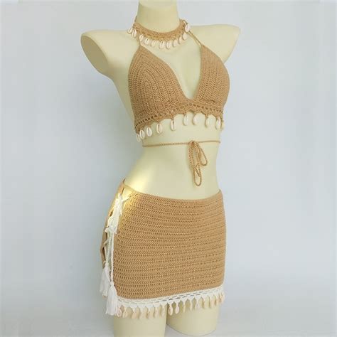 3pcs Bikini Set Woman Crochet Shell Tassel Bikini Top And Seashell