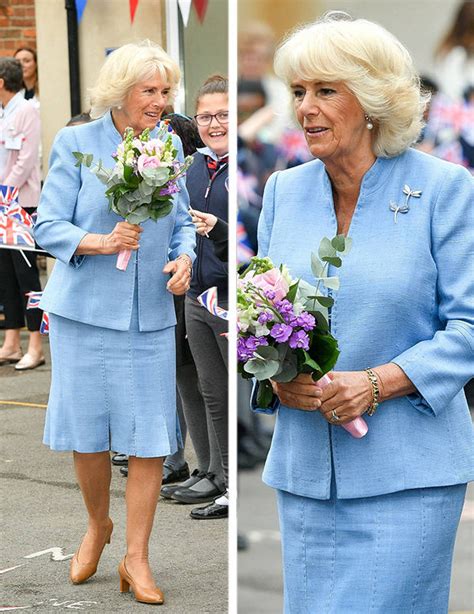 Camilla Duchess Of Cornwall Glows In Pale Blue Skirt Suit And She Meets