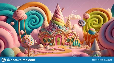 Colorful Candyland In Pastels Candy Castle With Ice Cream And Lollipop
