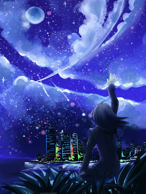 Girl Looking At The Night Sky Night Sky Drawing Anime Scenery