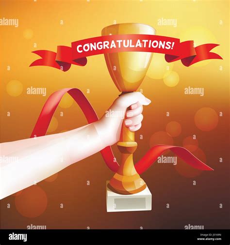 Hand Holding Up Trophy Vector Winner Cup Illustration With Red Ribbon