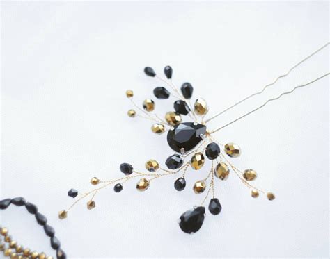 Black Hair Pin Wedding Hair Accessories Black Hair Piece Gold Etsy