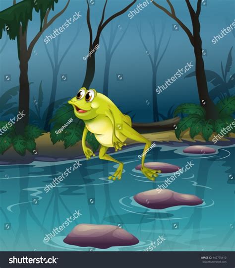 Illustration Frog Jumping Pond Inside Forest Stock Vector