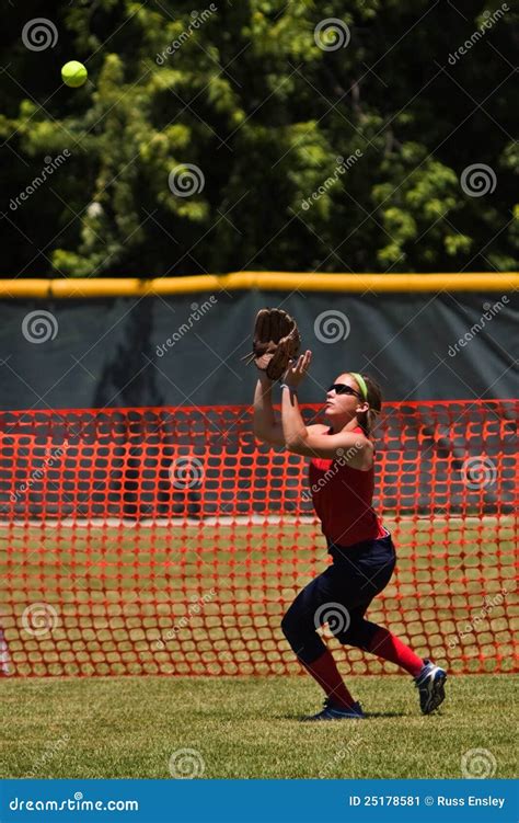 Female Softball Player Prepares To Catch Ball Stock Image Image Of