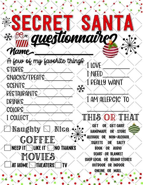 The Secret Santa Question Sheet Is Shown In Red Green And White With