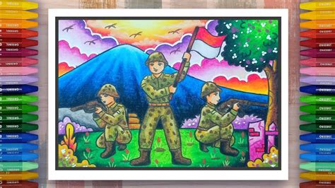 Colored Pencils Are In Front Of A Drawing Of Soldiers