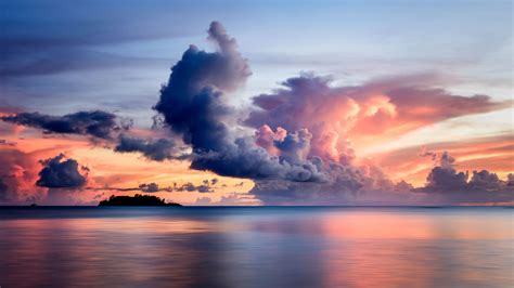 Download Wallpaper 3840x2160 Sea Clouds Horizon Island Sky Sunset