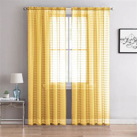 Single 1 Sheer Rod Pocket Window Curtain Panel 55w X 90l Plaidcheck Design Yellow