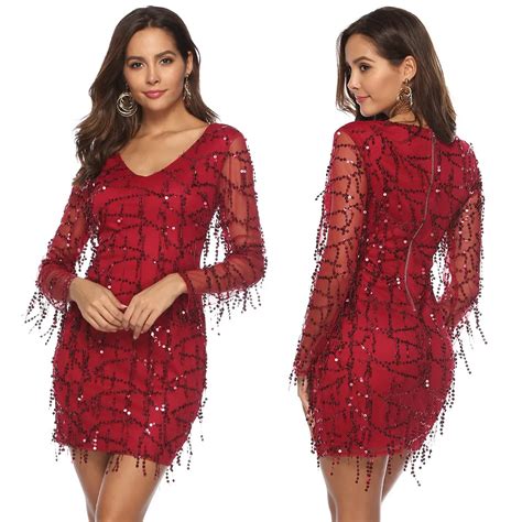 Sexy Fringed Dress Sequin Red Tight Tassel Short Party Dress Plus Size