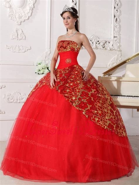 Red Strapless Tulle Beading Sweet 16 Quinceanera Dress Applique Layer