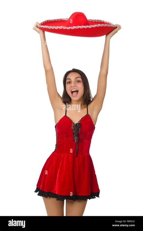 Woman Wearing Red Sombrero Isolated On White Stock Photo Alamy