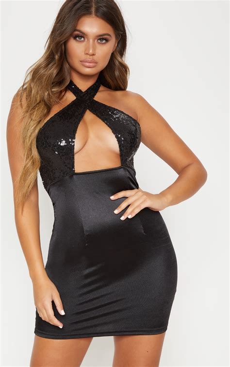 Black Sequin Halterneck Bodycon Dress Prettylittlething Usa