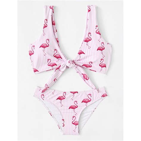 Knot Front Flamingos Print Bikini Set Bikini Sets Bikini Swimwear