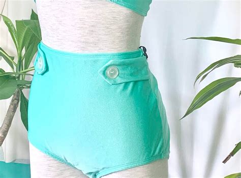 High Waist Mint Green Bathing Suit Bottoms With Button Detail Etsy