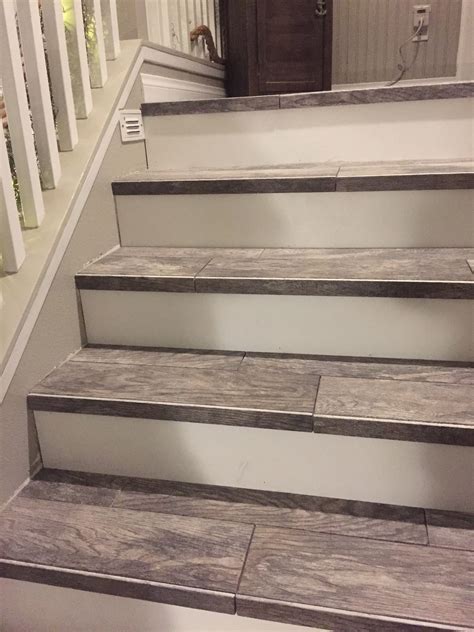Wood Look Tiled Stair Case Stairs Tiled Staircase Stair Remodel