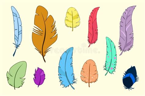 Set Of Multicolored Cartoon Feathers Feathers Of Tropical Birds Stock