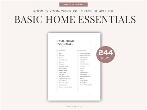 Basic Home Essentials Printable, Moving Out Checklist, New Apartment to