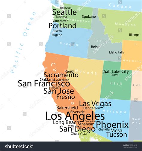 West Coast Usa Map With Cities Map Vector