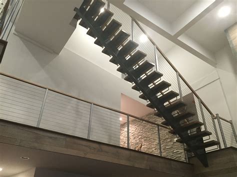 Residential Monostringer Floating Stair With Cable Railing Nj